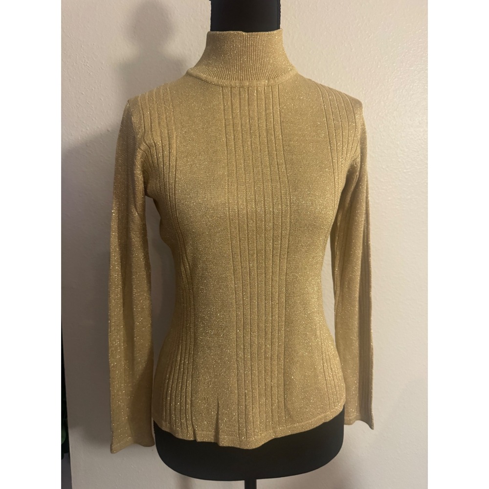 VTG Petite Sophisticate Gold Metallic Silk Blend Mock Neck Ribbed Sweater Size P